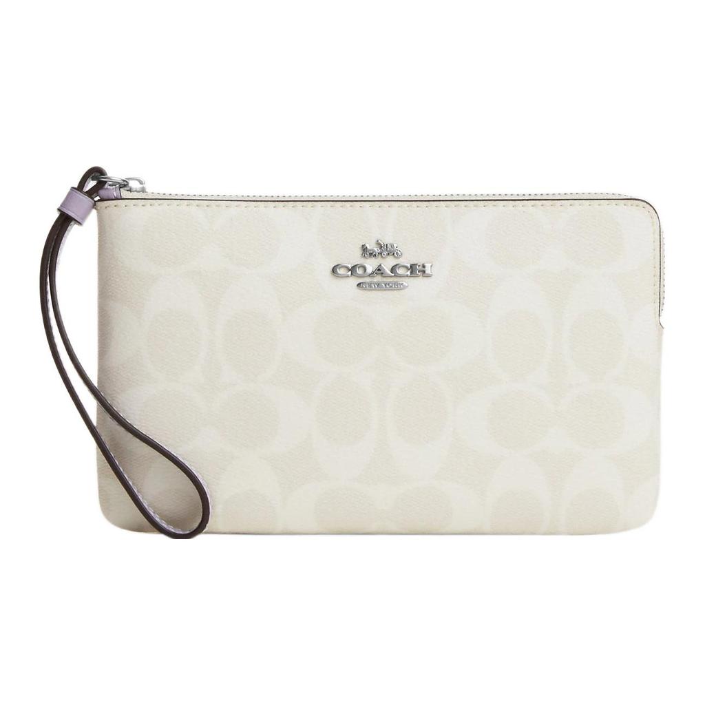 New COACH Corner Zip Coated Canvas With Smooth Leather Wrist Bag Wallet Clutch Small Size Women's White 6648-SVVVJ