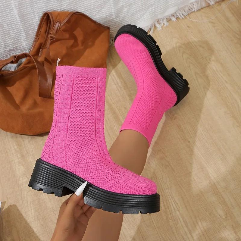 Fashion Women's New Autumn Thick-soled Single Boot Round Head Knitted Cover Foot Anti-slip Wear-resistant Ankle Boots