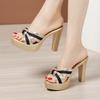 Plus Size 32-43 Open Head Block Heel Platform Slippers Summer 2025 Stripe Elegant High Heels Slides Office Party Shoes