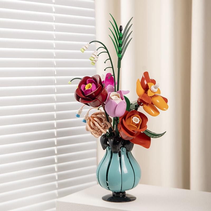 Plastic Blocks Simulation Flowers Building Bricks Eternal Plant Preserved Rose Artificial Bamboo Adult Toy Mom Gift Girl Present