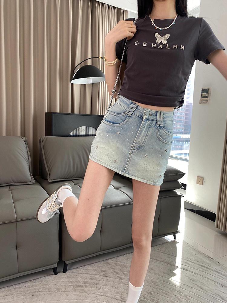 2024 Hot Rhinestone Denim Mini Skirt: Slimming Spicy Girl Summer Style for Women