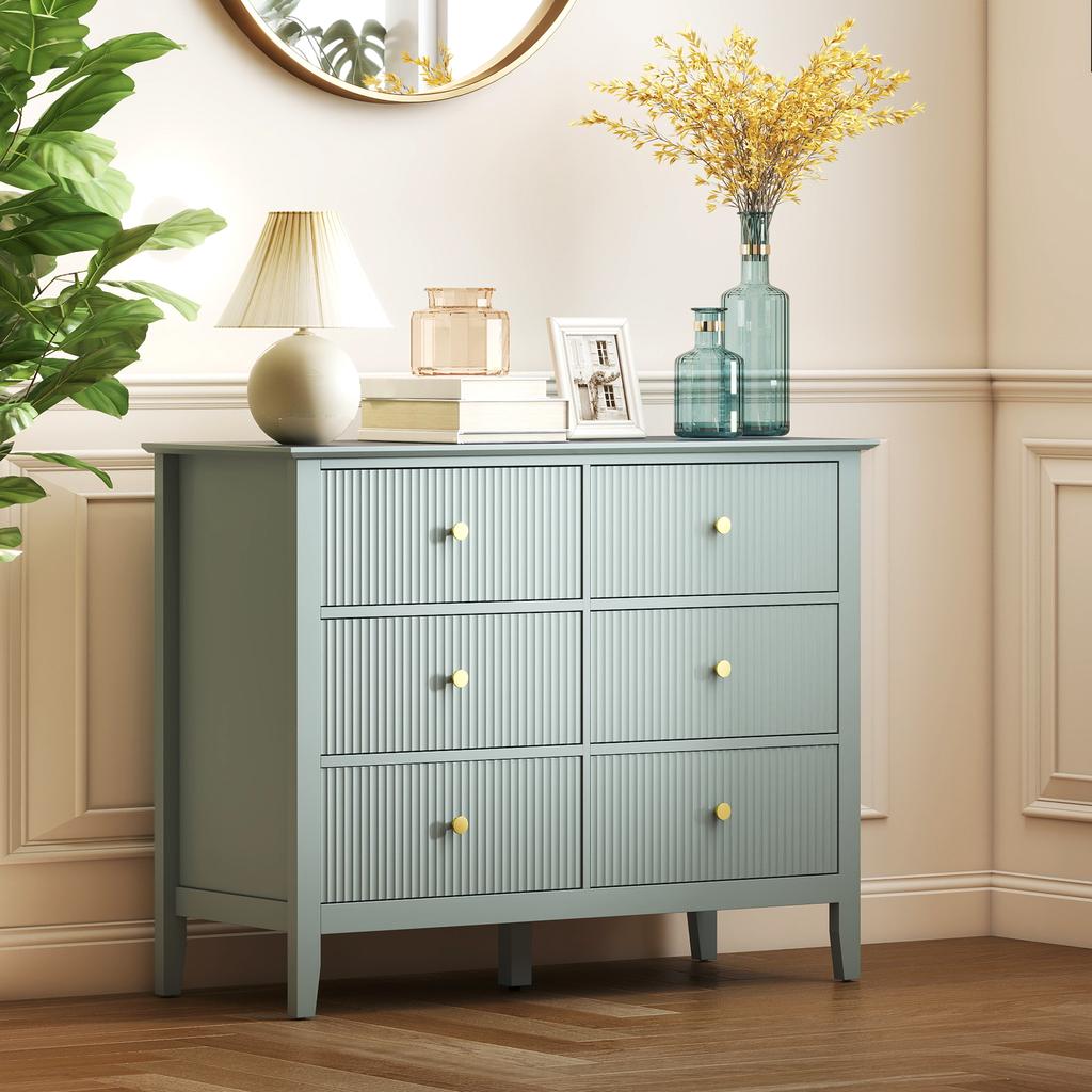 Fluted Dresser, 6 Drawer Chest of Drawers for Bedroom, Living Room, Hallway, Closet, Green