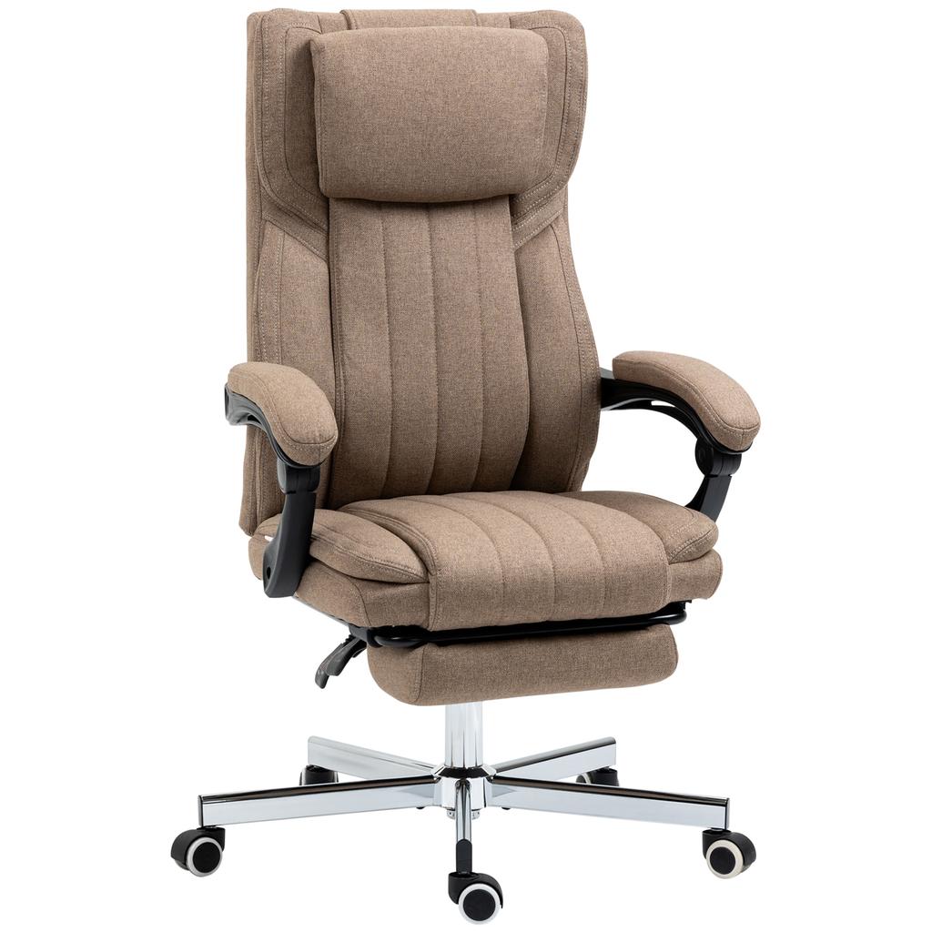 Office Chair with Massage Function, Reclining Backrest, Pull-Out Footrest, Linen Look, 65 x 61 x 118 cm, Brown