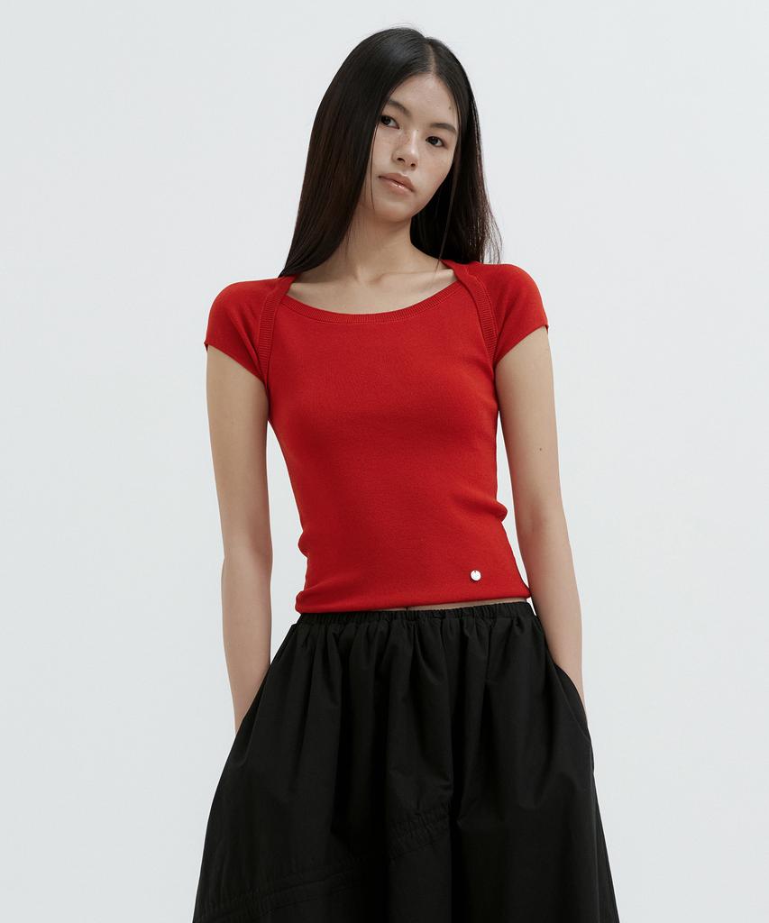 LUCIR ZU Boatneck Bolero Knit Top (Red)