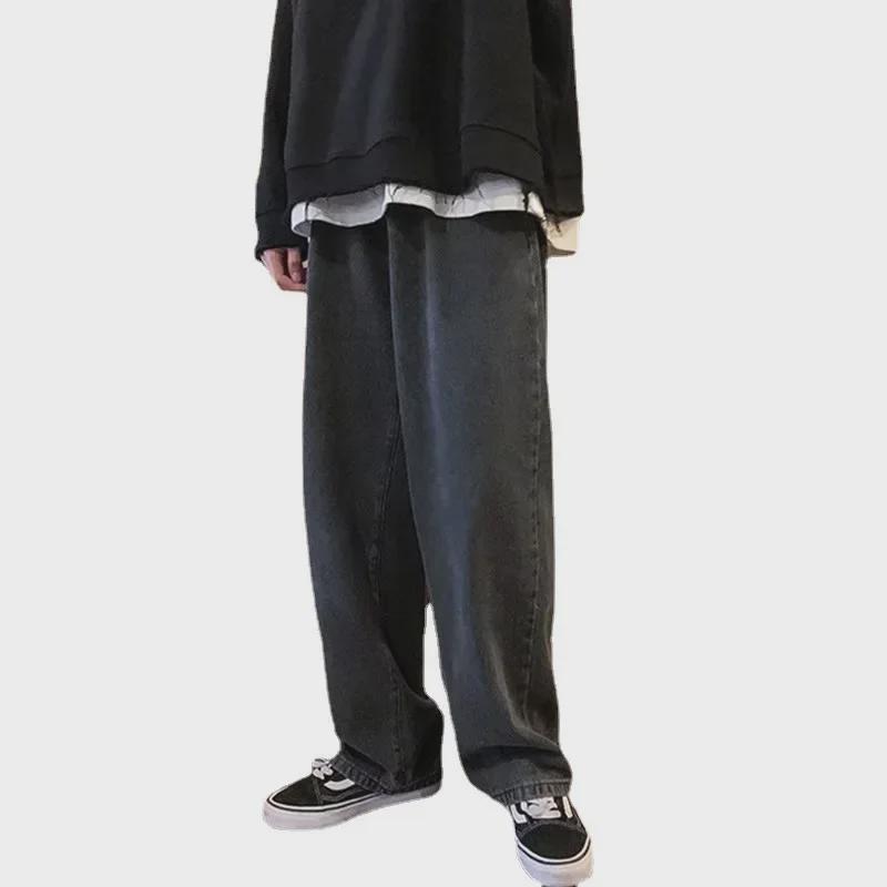 Men's Black Retro Wide-Leg Jeans - New Autumn Trend, High Street Style, Straight Loose Fit, Large Size Available.