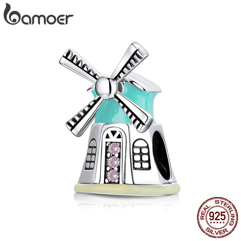 BAMOER 925 Sterling Silver Traveling Series Shine Cubic Zirconia Cute Pink Car & Windmill House Love & Heart Cable Car Charm Beads