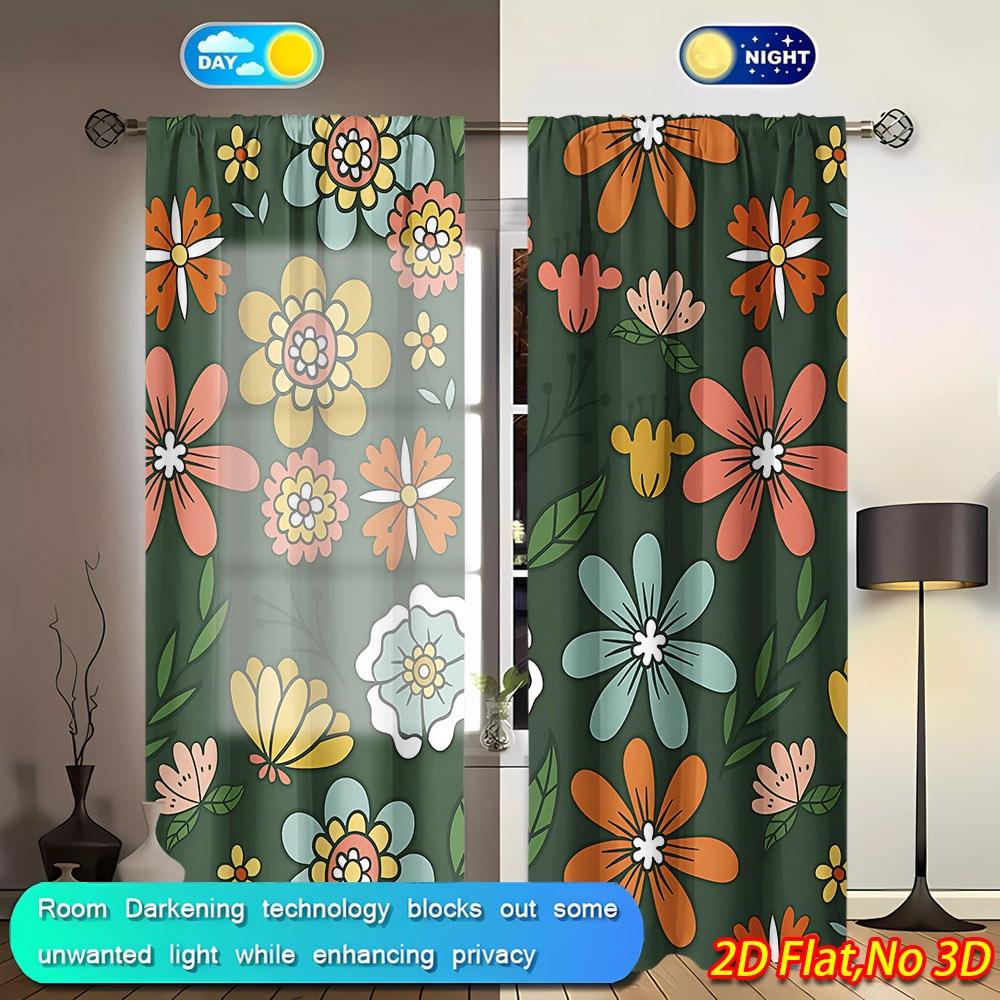 2D Flat Print Colorful Retro Floral Curta Polyester Machine Washable Bedroom Living Room Kitchen Mid-Century Decor Drapes