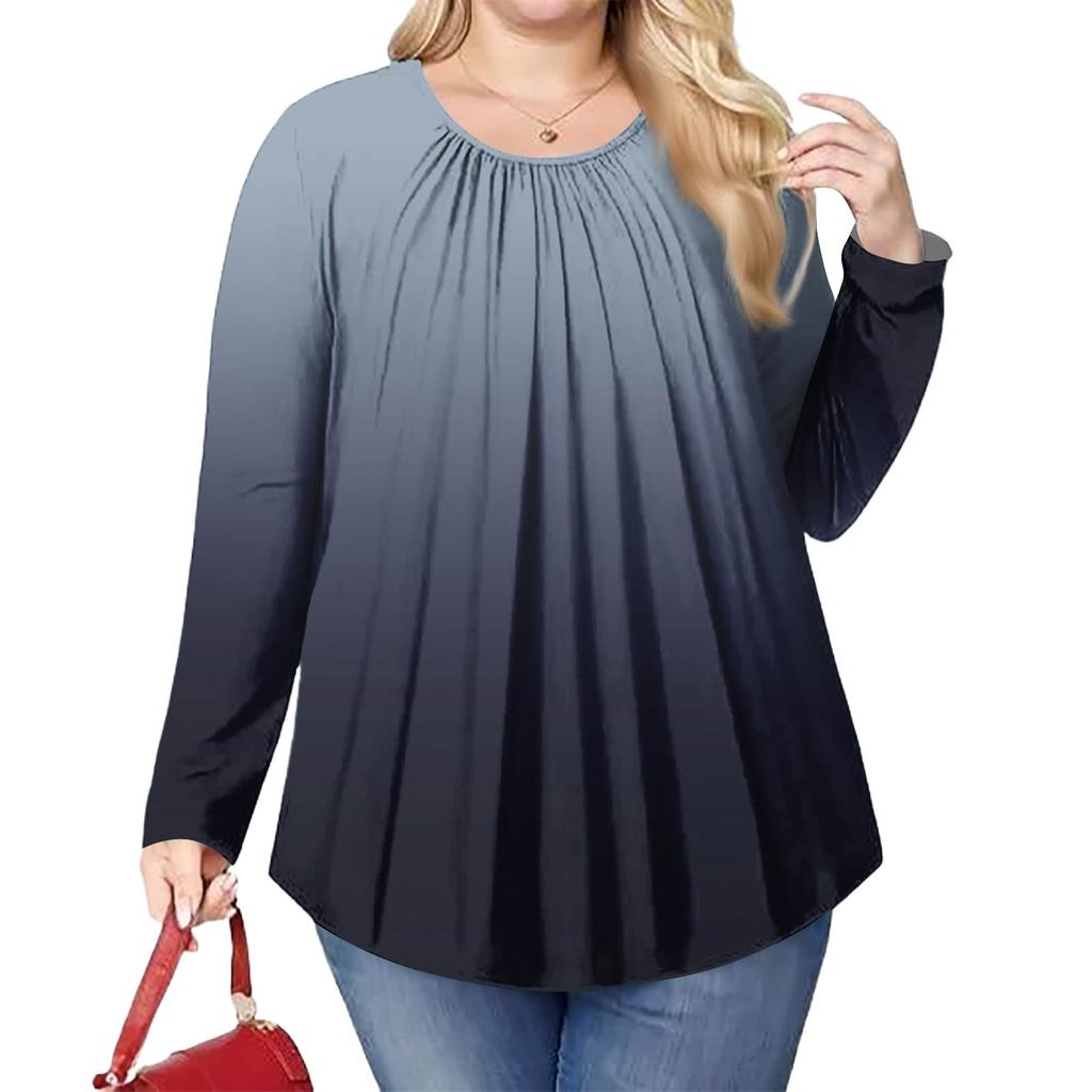 Женский модный топ большого размера с принтом, повседневный плиссированный, с круглым вырезом и длинными рукавами