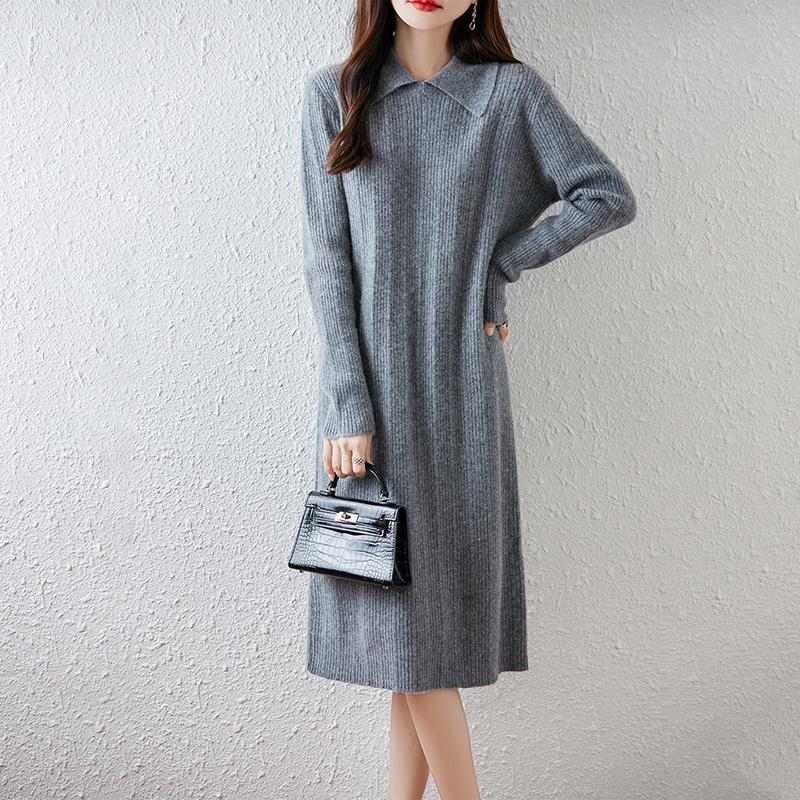 Women Sweater Dress 100% Wool TIDENOVEL Turn-down Collar Knit Long Pullover Winter Jumpers Wool Long Dress Female