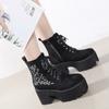 Women's Black Side Zipper Combat Boots Fashionable Lace Up Boots Platform Flower Embroidery Details Goth Shoes