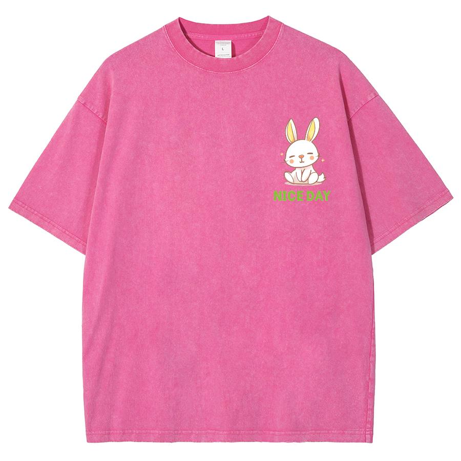 Cute Girly Cartoon Bunny Print Women's T-Shirt Loose Washed Cotton Multicolor Short Sleeve Casual Fashion
