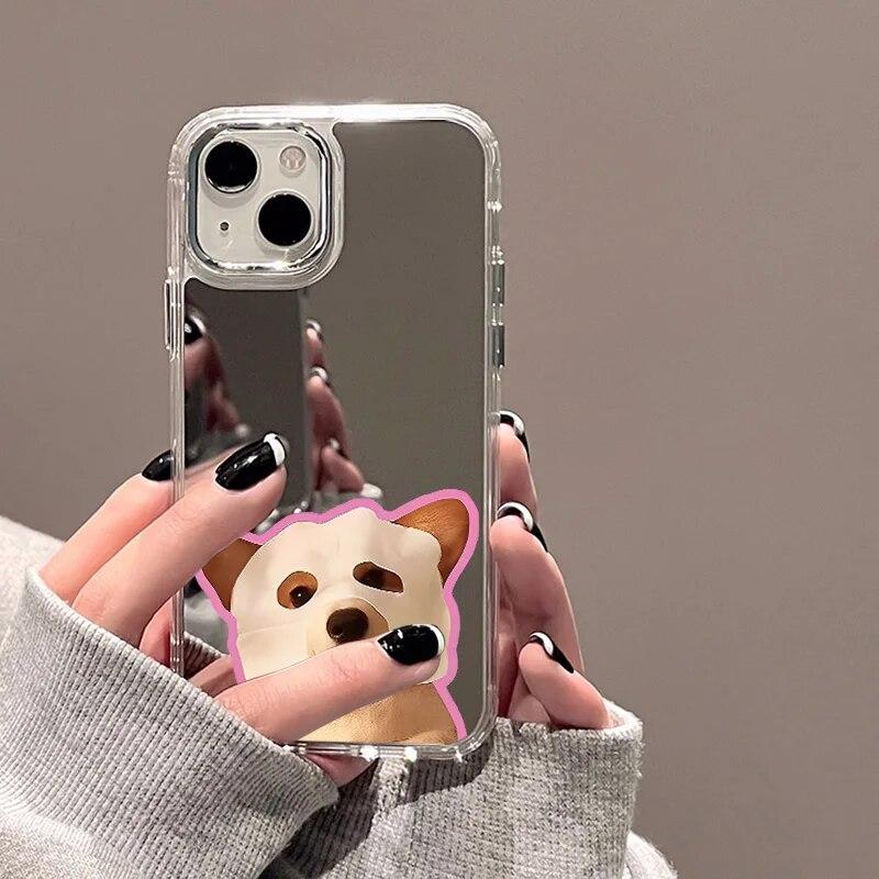 Cartoon Dog Mirror Phone Case For iPhone 11 Case iPhone 14 13 12 15 Pro Max X XR XS Max Cute Puppy Shockproof Bumper Cover Cases