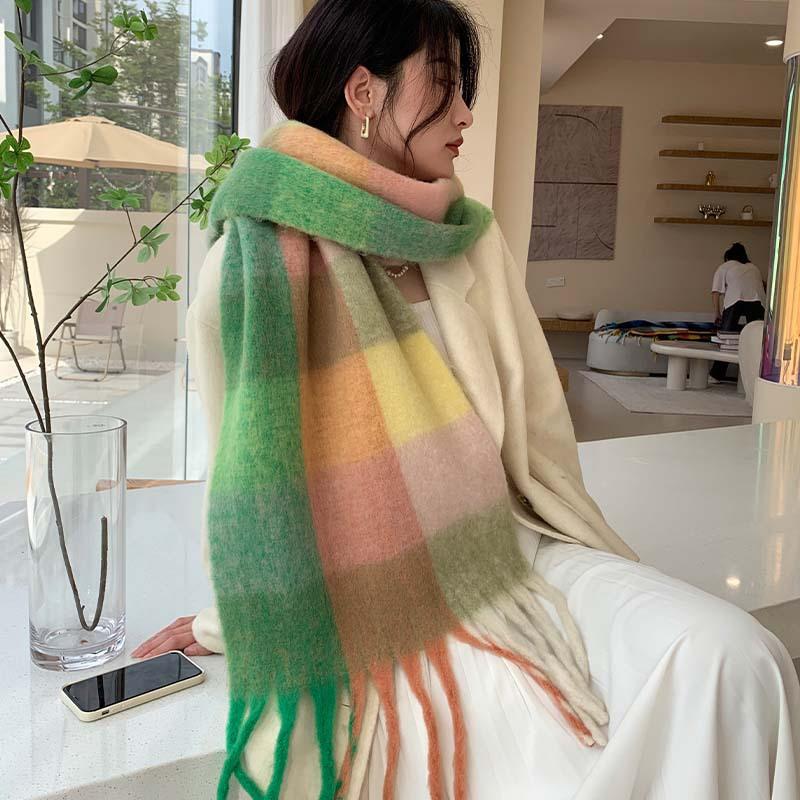 Winter New Scarf Women's Winter Thickened Warm Scarf Colored Plaid Fringed Scarf Shawl Fashionable Outer Cover