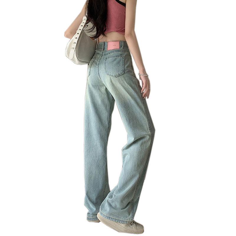 Женские джинсы большого размера из розовой кожи с высокой талией и широкими штанинами - Модные свободные прямые брюки