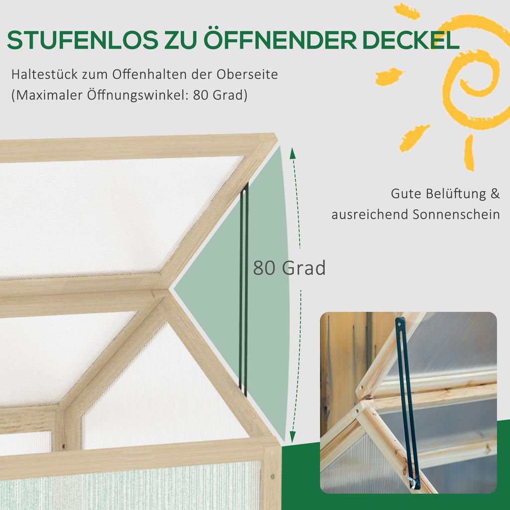 Wooden Cold Frame Garden Polycarbonate Greenhouse with Openable Top Cover, Grow House for Flowers, Vegetables, Plants, 90 x 52 x 50cm, Natural