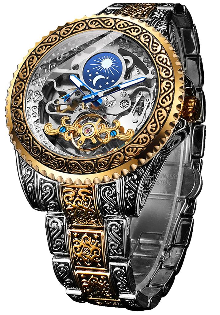 Watch for Men Carved Self-Wind Mechanical Tattoo Tourbillon Moon Phase Independent Seconds Skeleton Automatic Big Dial Wrist Watches