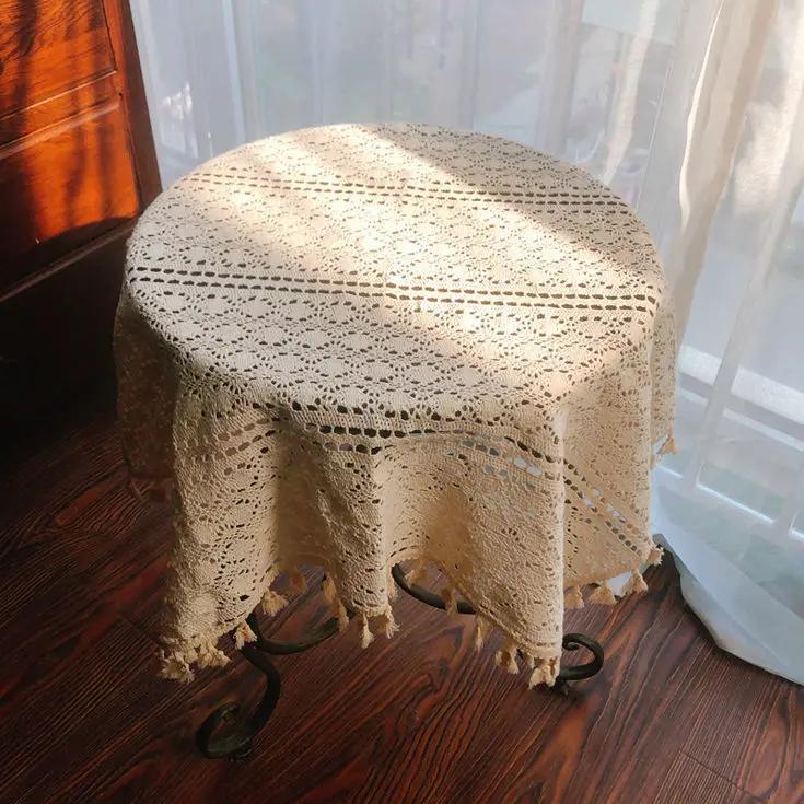 Вязаная крючком кружевная выдолбленная скатерть прикроватная тумбочка для телевизора, холодильника, декоративная крышка с белой бахромой, квадратная настольная ткань