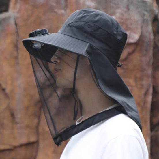 Mosquito Head Net Hat with Fan for Men Women Wide Brim Sun Hat with Mesh Net Summer Cooling Bucket Hat for Outdoor Fishing Hiking