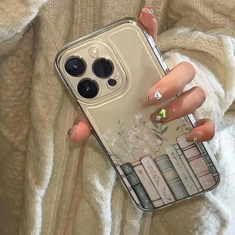 Ретро Цветочный Декор Стопка Книг Чехол для Телефона Для iPhone 17 16 15 14 13 12 11 Pro Max Mini XR XS 16 Plus 16E Прозрачный Чехол