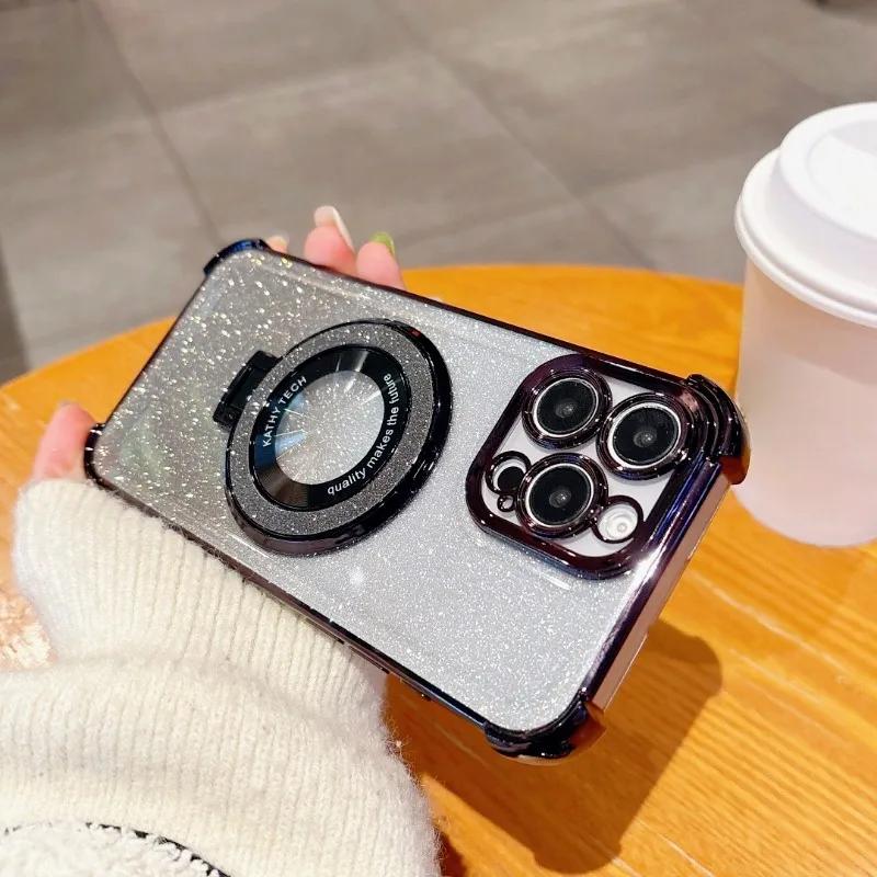 Luxury Glitter Holder Bracket Case For iPhone 17 Air 16 15 14 13 12 11 Pro Max 16 Plus Stand Shockproof Clear Soft Back Cover