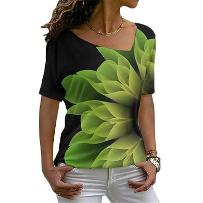 Женские футболки с 3D принтом листьев и сексуальным элементом в полоску с диагональным вырезом, повседневные, летние, в стиле Харадзюку, модный пуловер с короткими рукавами, новинка