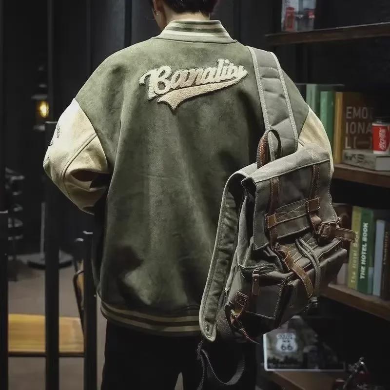 2024 Men's Trendy Oversized Suede Baseball Jacket - Retro American Style for Spring and Autumn