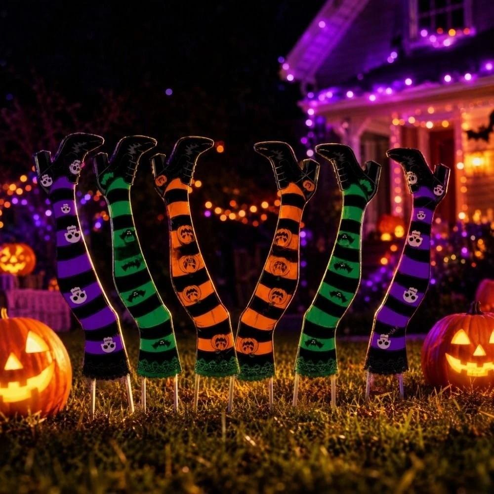6pcs Pumpkin Bat Witch Legs Decoration Striped Print Witch Feet Lawn Decor Autumn Decorations