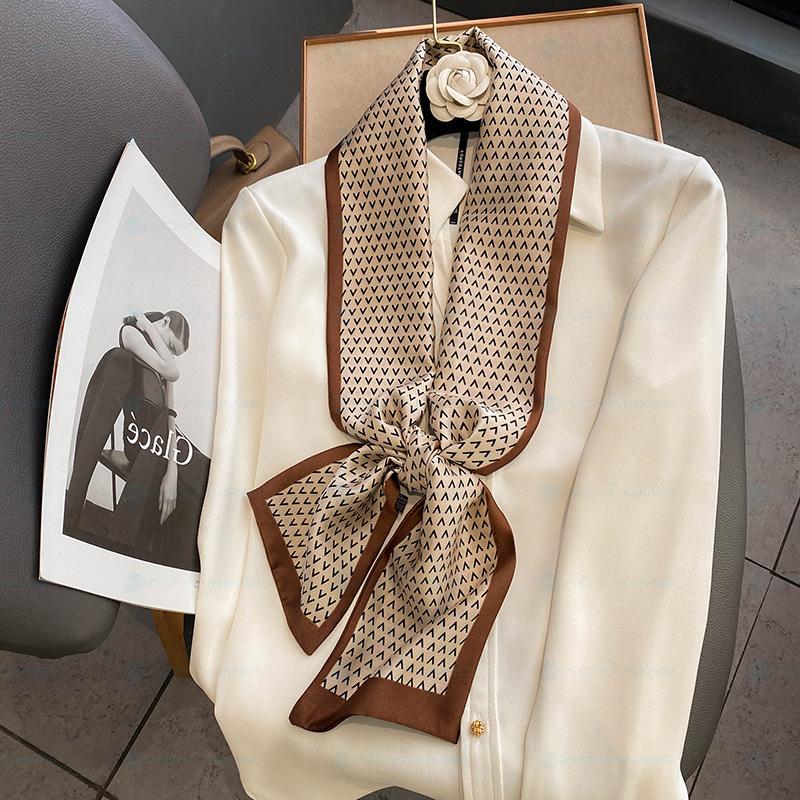 Silk-like Scarf Woman Letter V Elegant Flat Cornered Little Scarf Fashionable Decoration Paired with Windbreaker and Shirt