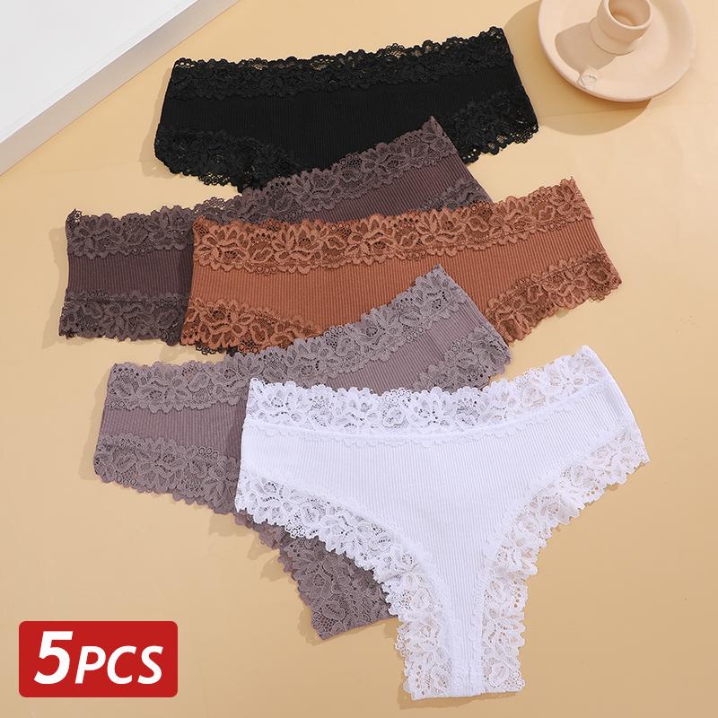 5PCS/Set Women Cotton Panties Sexy Lace Brazilian Panties Low Waist Elastic Thongs Female Comfortable Underwear Solid Color S-XL