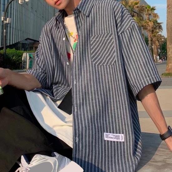 Летняя мужская рубашка с застежкой на пуговицы и воротником-лацканами в полоску, кардиган с короткими рукавами, свободный кардиган средней длины, повседневная одежда для офиса и бизнеса, топ