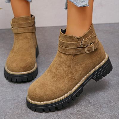 Женские зимние ботильоны 2025 года, новая платформа, круглый носок, большой размер, ремешок с пряжкой, ботинки Мартин