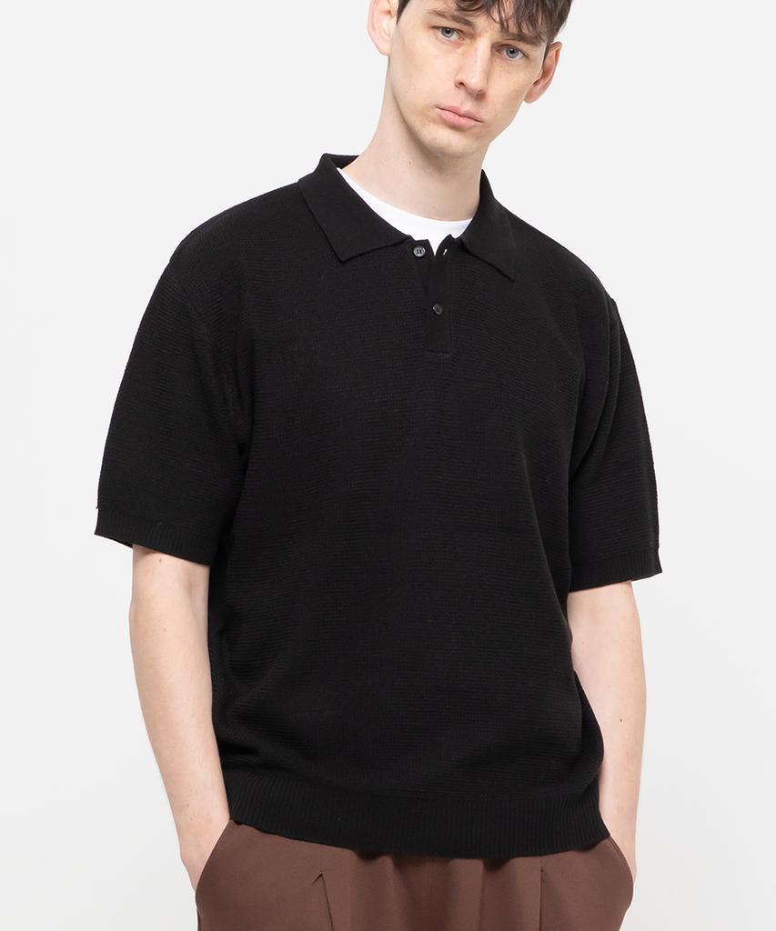 CHAMBROS Oversized Collared Short Sleeve Knit [Solid Black]