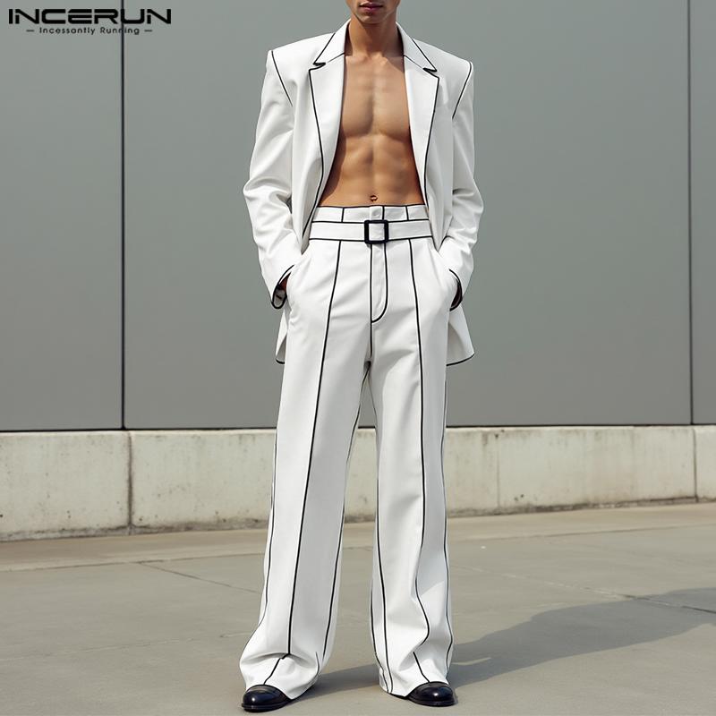 INCERUN Осенние мужские комплекты оверсайз из двух предметов: блейзер с длинным рукавом и строчкой + длинные прямые брюки