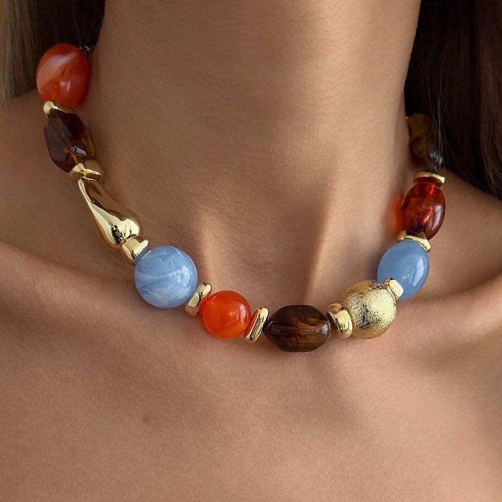 SHIXIN New Bohemian Colored Resin Beaded Beaded Chokers Necklaces for Women Vintage Elegant Adjustable Clavicle Chain Jewelry