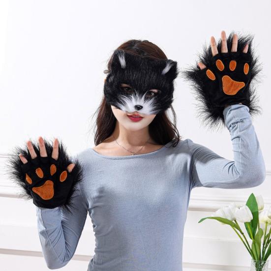 Furry Therian Costume Set for Girls Women Faux Fur Tail Plush Masque Fluffy Paw Gloves Set Fox Cat Wolf Animal Cosplay Accessories for Halloween