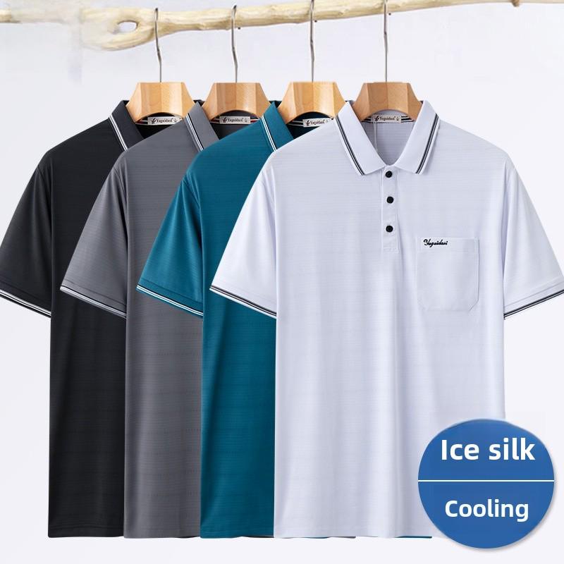 Мужская рубашка-поло Ice Silk с короткими рукавами — быстросохнущая, свободного кроя, для людей среднего и пожилого возраста, модная летняя рубашка