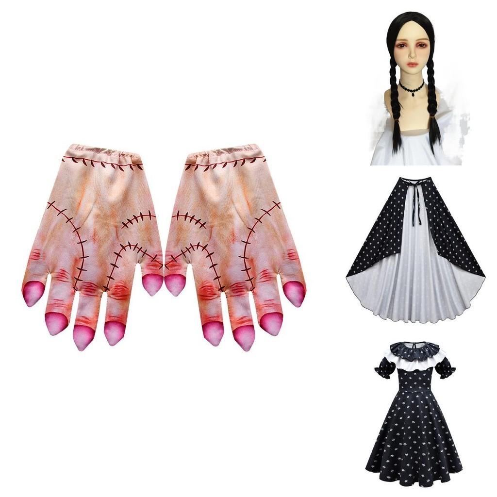 Платье Уэнсдей Аддамс Парик Косплей Костюм Для Девочек Детей Хэллоуин Рождество Вечеринка