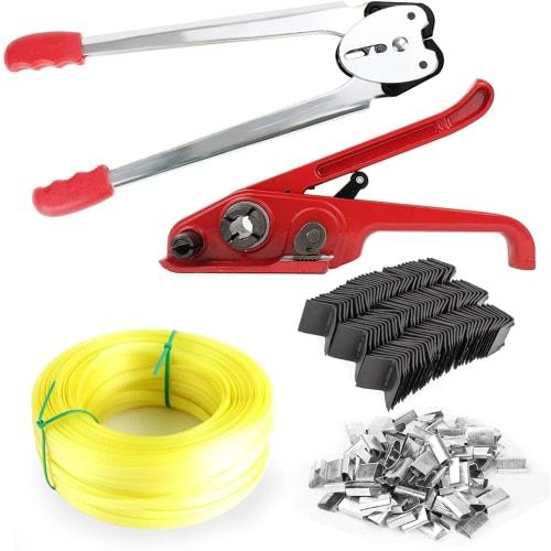 Manual PET/PP Packaging Tool Set with Band Tensioner, Sealer, Band Tensioner, 100m Packing Strap, 100 Metal Seals, and 100 Strap Edge Protectors, Incl