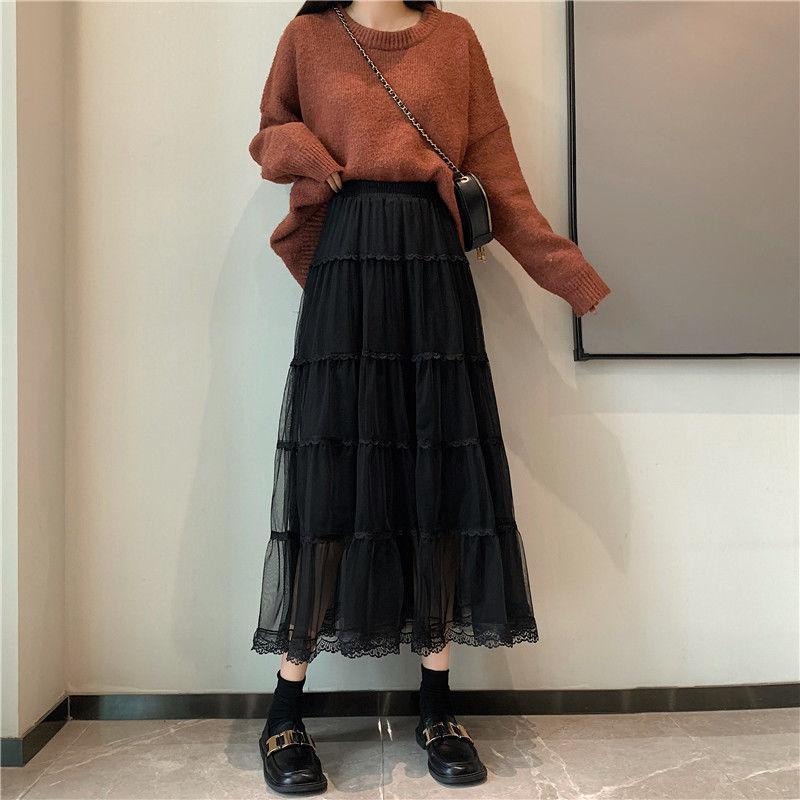 Милые сетчатые юбки женские корейские модные кружевные длинные юбки Y2K Faldas весенние женские элегантные шикарные макси-юбки с оборками