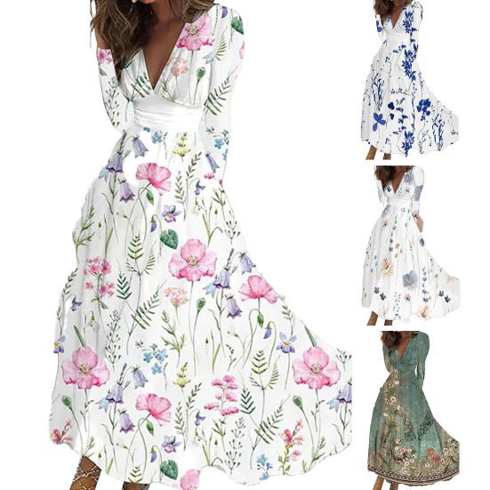 Women Elegant Floral Print Maxi Dress V-neck Waist Gown Long Sleeve High Dress A-Line Long Dress Streetwear