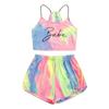 Womens Sleeveless Strappy Short Tie-dye Print Cami Belt Top And Pants Suit