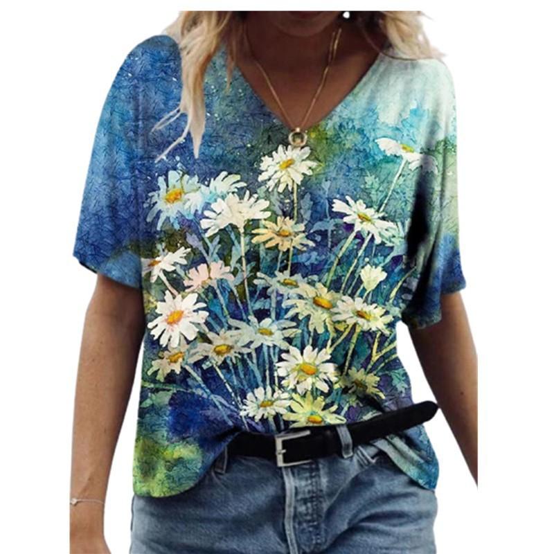 Women 3D Printed T Shirt Casual Summer Outfit Floral V Neck Tops Sportwear Short Sleeve T Shirts