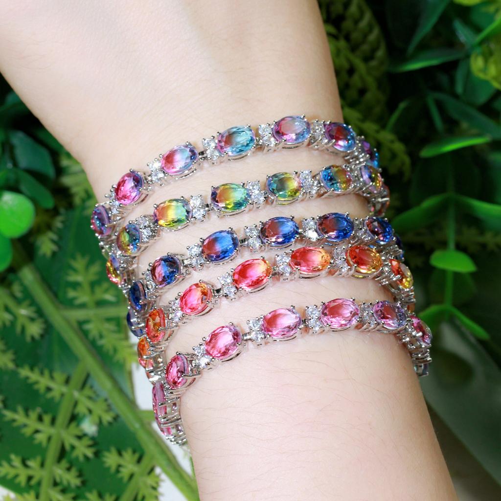 Popular Zircon Jewelry Copper Rhodium Plated Watermelon Synthetic Tourmaline Gradual Change Color Crystal Glass Bracelet