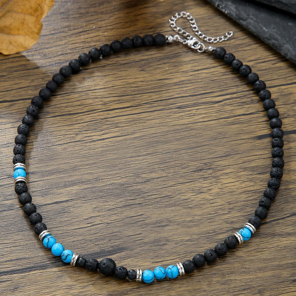 Natural Stone Beaded Handmade Men's Necklace Single-layer Personalized Punk Style Stainless Steel Necklace Men