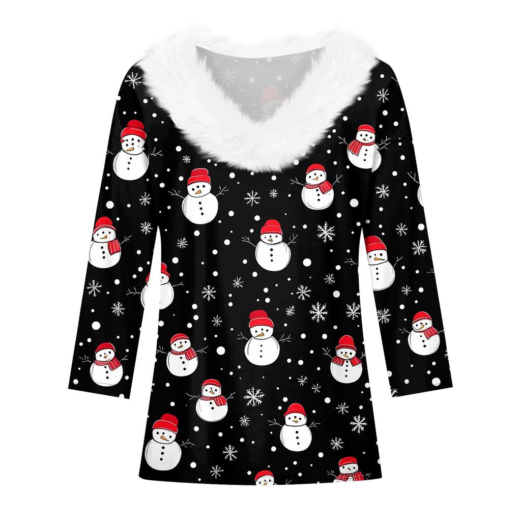 Рубашки с рукавом 3/4 для женщин, рождественские футболки с графическим принтом, блузки, повседневные базовые топы на пуговицах больших размеров, пуловеры