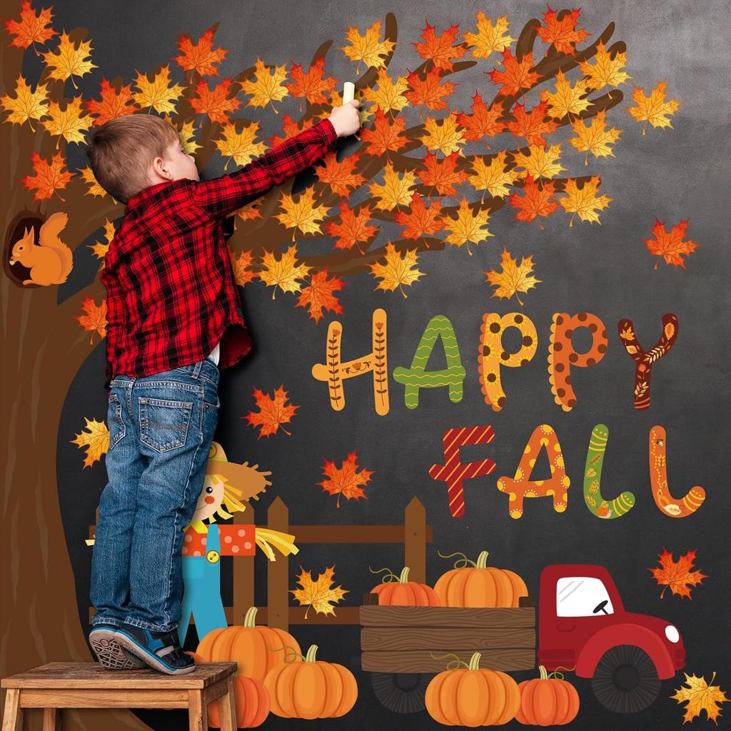 Whaline 100Pcs Happy Fall Tree Bulletin Board Decorations Thanksgiving Maple Leaf Tree Pumpkin Scarecrow Cutouts Autumn Classroom Decor for Fall