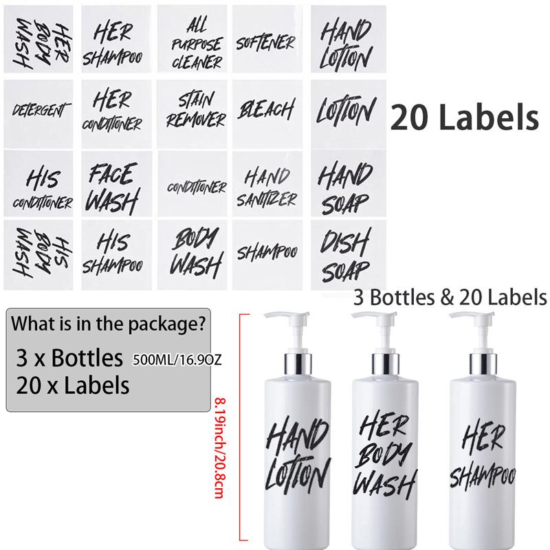 Многоразовая круглая бутылка с насосом, 500 мл, с водонепроницаемыми этикетками для кухни, ванной комнаты, бутылки для шампуня и кондиционера в отеле