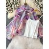Stylish Ruffles Chiffon Shirt Women's Summer New Lantern Sleeve Shoelace Slim Looking Tie-Dye Inner Suspender Tops