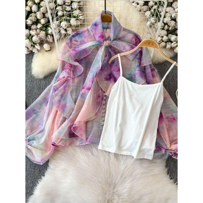 Stylish Ruffles Chiffon Shirt Women's Summer New Lantern Sleeve Shoelace Slim Looking Tie-Dye Inner Suspender Tops