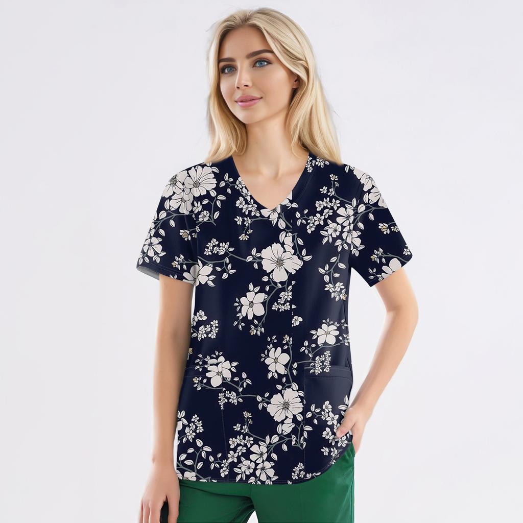 Рабочая форма больших размеров с принтом, топы для женщин, забавные футболки с v-образным вырезом и короткими рукавами, рабочая одежда, футболка с карманами